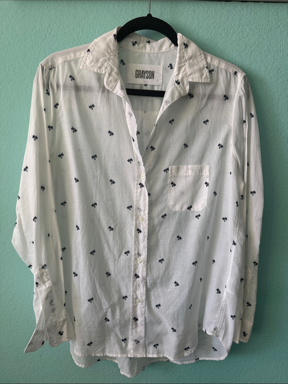 Women’s White Button-Up Shirt with Navy Micro Print